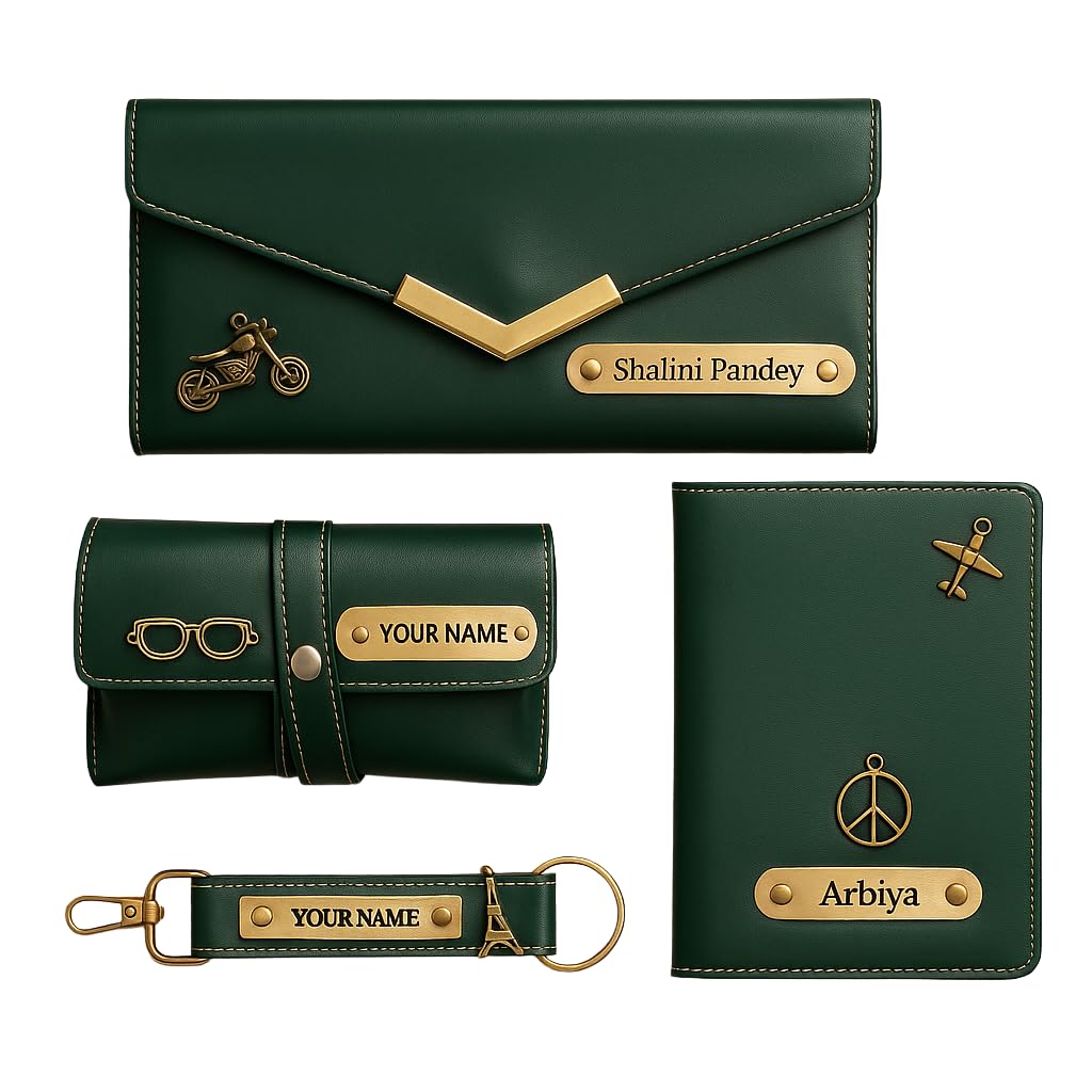 Premium Leather Gift Combo | Ladies Clutch, Passport Cover, Keychain & Sunglass Case (Green)-image-39