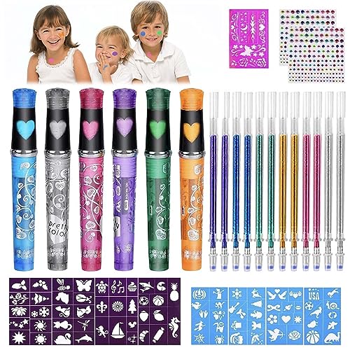 Mkitnvy 6 Rotuladores Tatuajes Niños,Tatuajes Purpurina, Kit de Tatuajes Temporales para Niñas, con 9 Plantillas+2 Pegatinas de Diamantes, Juego Niña Niño para Fiesta Halloween Cumpleaños