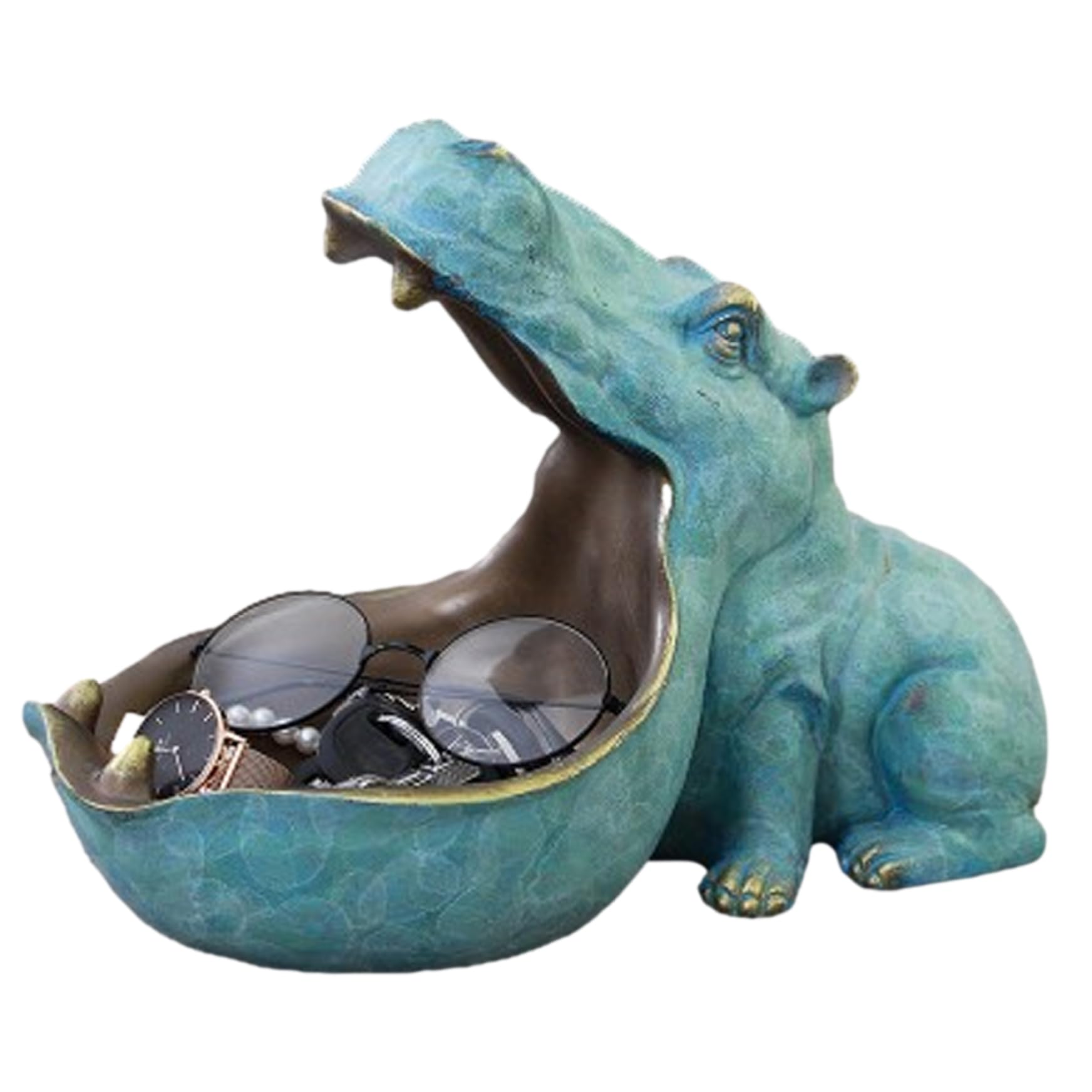 Suxdlan Big Mouth Hippo Key Bowl Resin Hippopotamus Ornament Key Holder Dish Organizer Home Decor for Coin Jewelry Desktop Storage Blue