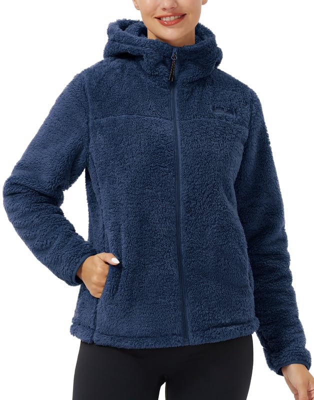 Pioneer Camp Polaire Femme Chaude avec Capuche Zippée Vestes de Randonnée Moelleux Confortable Teddy Veste Noire Sherpa Manteau pour Maison Randonnée Escalade
