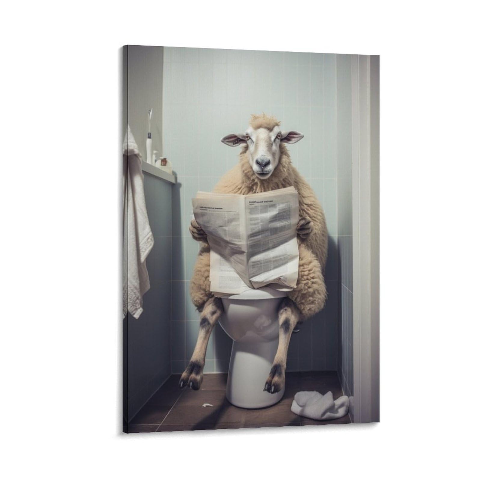 Qzfncoyu Frame-Style Sheep Sitting On Toilet And Reading Newspaper. Funny Bathroom Humor. Funny Quirky. Retro Style Animal Art Poster Canvas Poster Bedroom Decor Landscape Office Room Decor Gift 08X12inch(20X30cm)