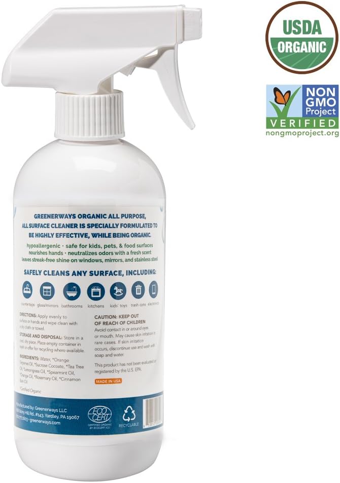 Greenerways Organic All-Purpose Cleaner, Natural, USDA Organic, Non-GMO, Best Household Multi Surface Spray Cleaner for Home, Glass, Kitchen, Bathroom, Shower, Window (1 Pack)
