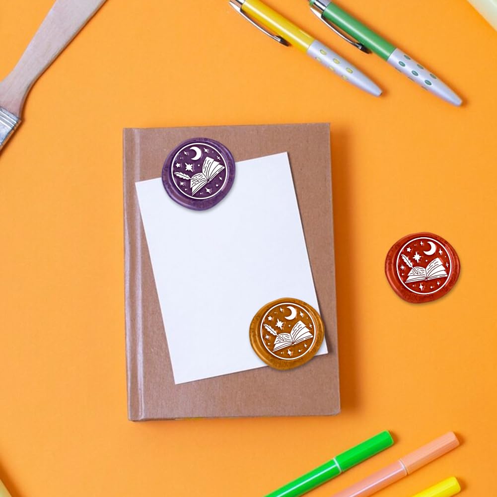 DELORIGIN Dreamy Book Wax Seal Stamp Embossed Stamp Sealing Removable 1" Novelty Brass Wax Seal Stamp Head with Wooden Handle Moon Star Sealing Wax for Wedding Invitations Envelopes Gift Packing Craft - Image 3