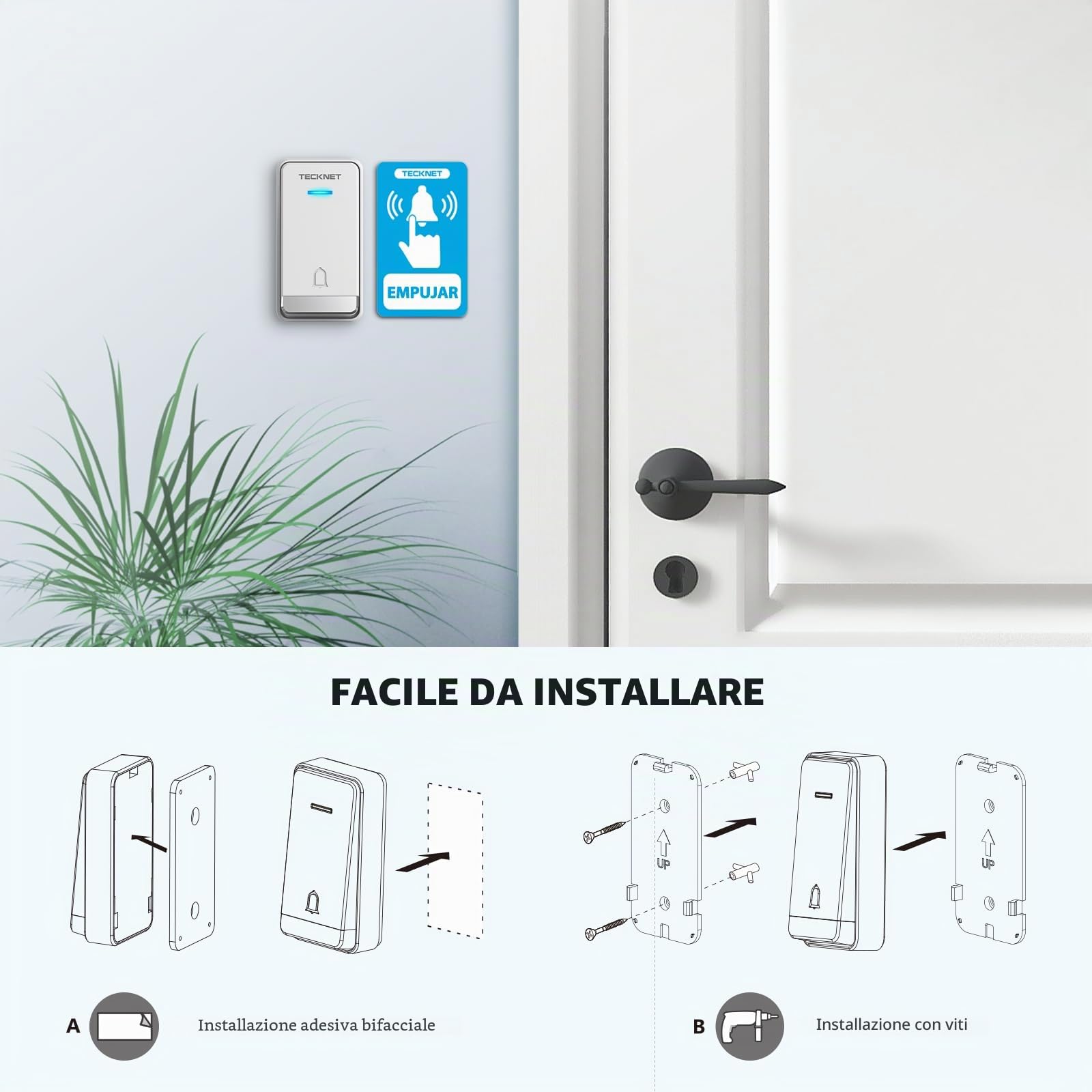 TECKNET Campanello senza fili 400 metri, impermeabile IP65 con funzione di ricarica e luce a LED, kit di 1 campanello, 2 ricevitori, 60 melodie 5 livelli volumi, per casa, ufficio, hotel