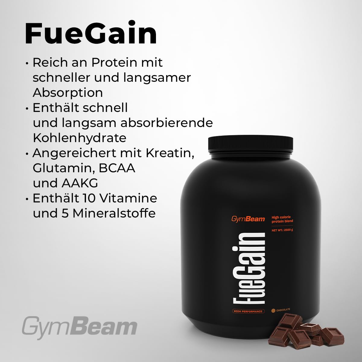GymBeam FueGain Mass Gainer Protein – Premium All in One Blend für Muskelwachstum und -erhaltung, angereichert mit Kreatin, Glutamin, BCAA und AAKG (2500g, Schokolade)
