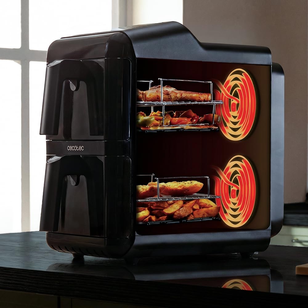 Cecotec Friggitrice ad Aria Verticale 12L Cecofry DuoLevel 12000 Window. 2900W, 2 Cestelli 6L, Finestra, Sync, 10 Menù, Temp Dual per Grandi Quantità, Cucina Veloce e Sana con Davvero Molto Poco Olio