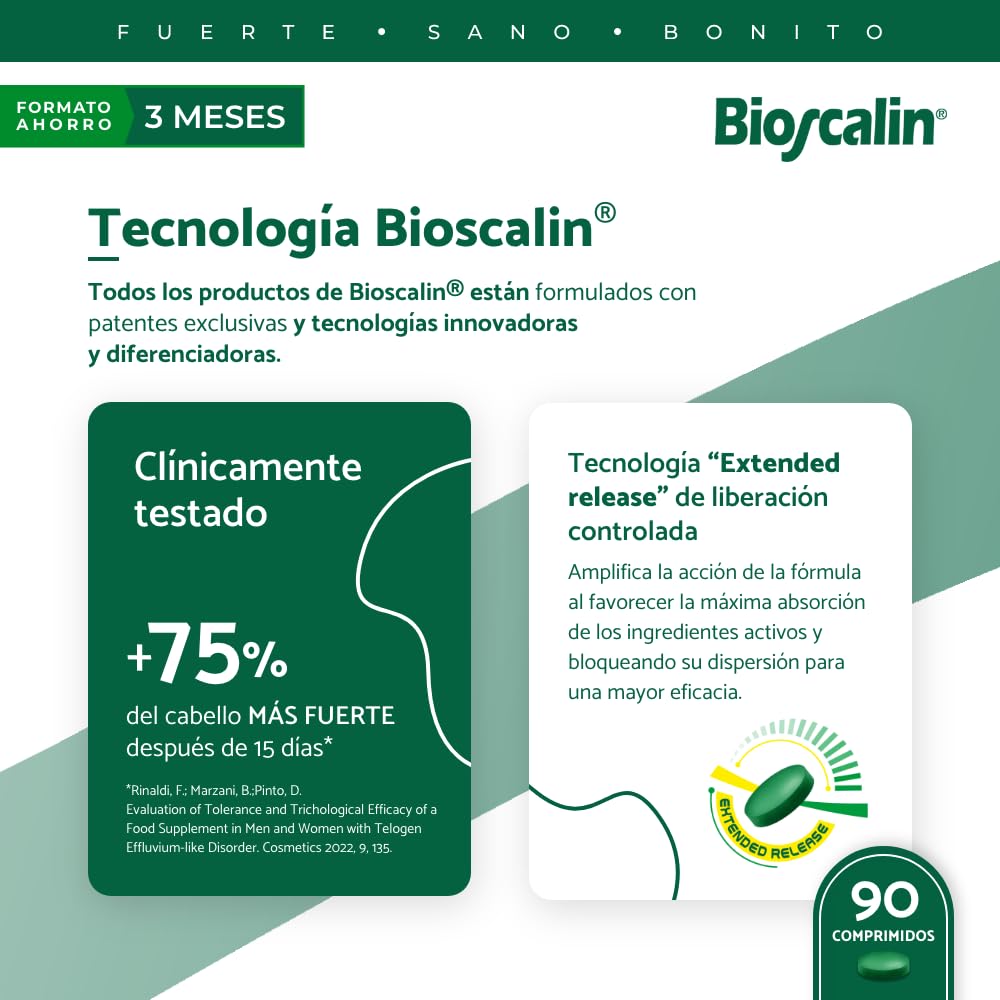 Bioscalin - NOVA·Genina 90 Comprimidos - Tratamiento para Fuerza, Volumen y Brillo Capilar - Con Zinc, Biotina y Tecnología de Liberación Gradual - Suministro para 3 Meses Completos