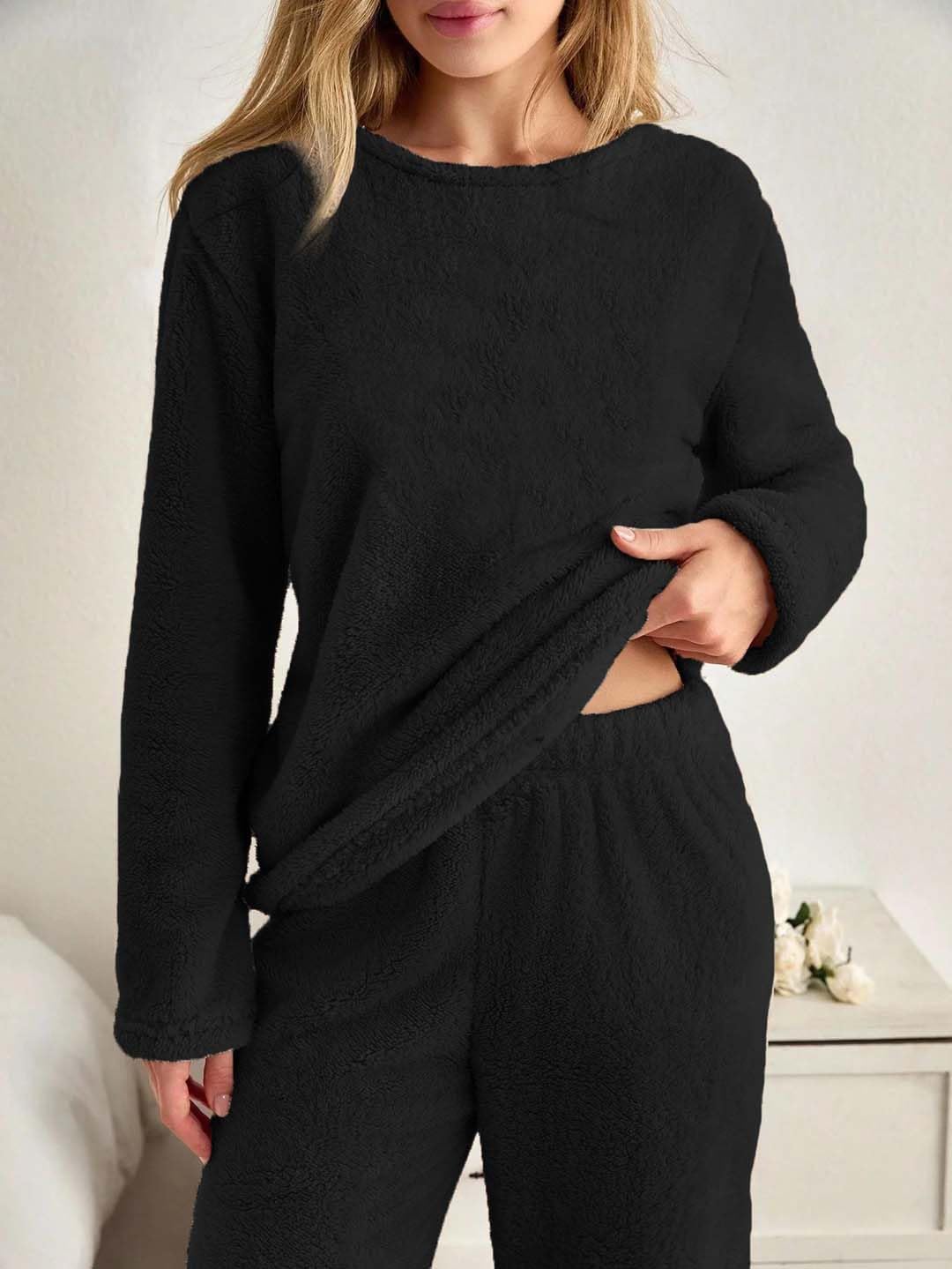 KOTTY Czarny zimowy dres treningowy dla kobiet, zestaw co-order, ciepły wełniany polar, jogger i bluza, strój do stylowej odzieży fitness i podróży