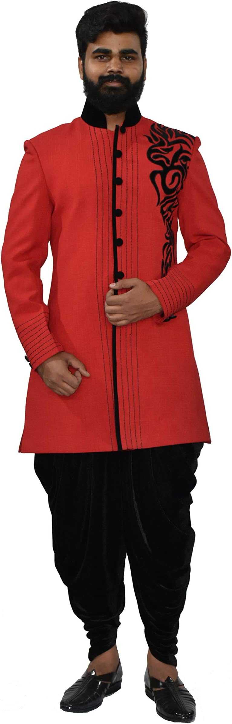 RAJ DESIGN STUDIO Men's Indowestern Red & Black Velvet Touch with Black Harem
