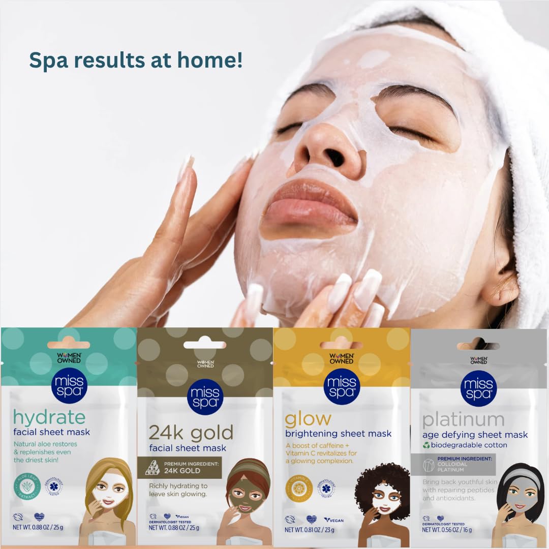 MISS SPA Face Mask Skin Care, Facial Sheet Mask for Women, Hydrating Moisturizing Skin Care Products, Anti-aging Face Mask, Dermatologsit Tested, 4 Pack (Hydrate, 24K Gold, Glow, Platinum Sheet Mask) - Image 4