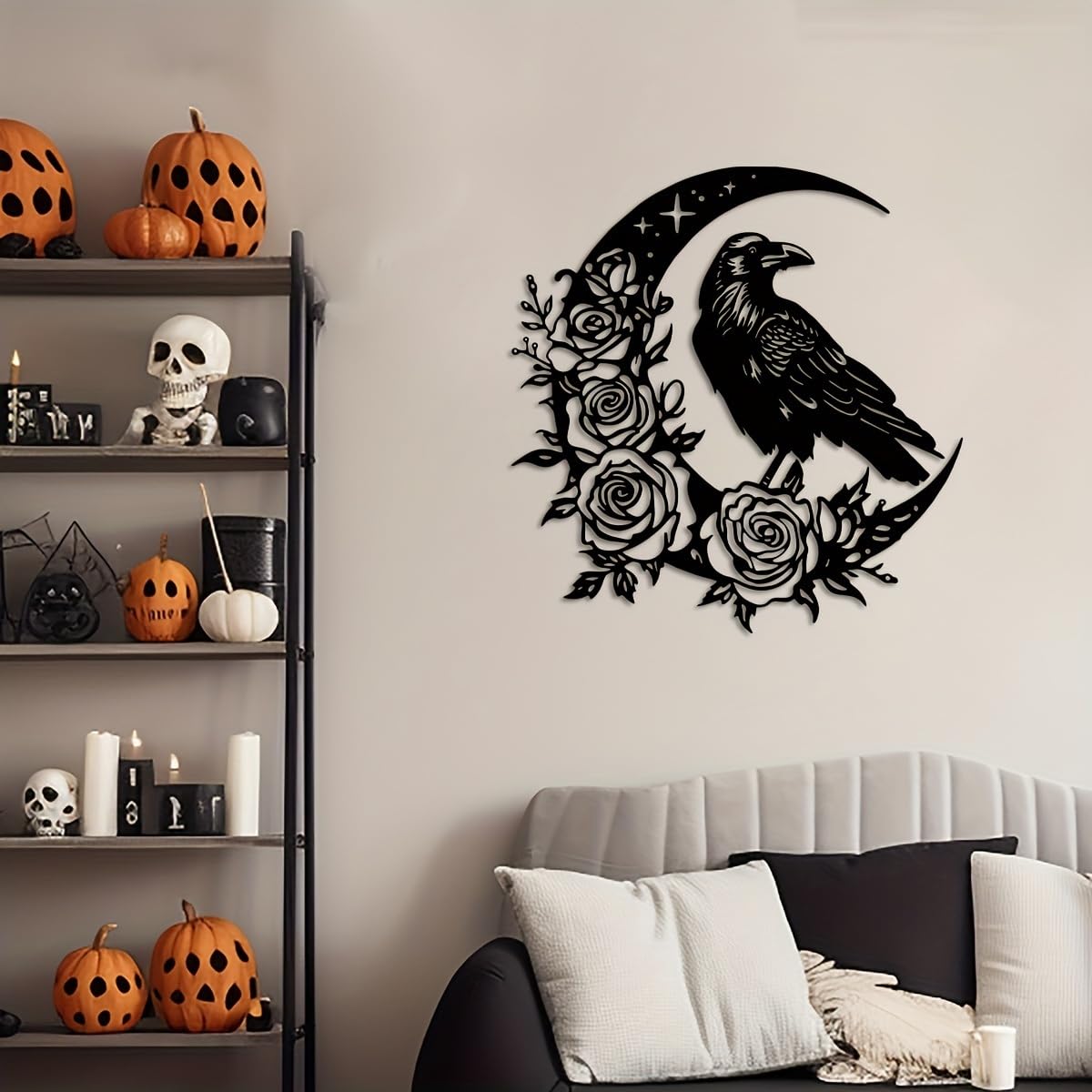 Generico Decoración de pared abstracta contemporánea de Metal con Arte de Cuervo Lunar, letrero colgante rústico Moderno para Sala de estar, dormitorio, oficina gótica o jardín Exterior.