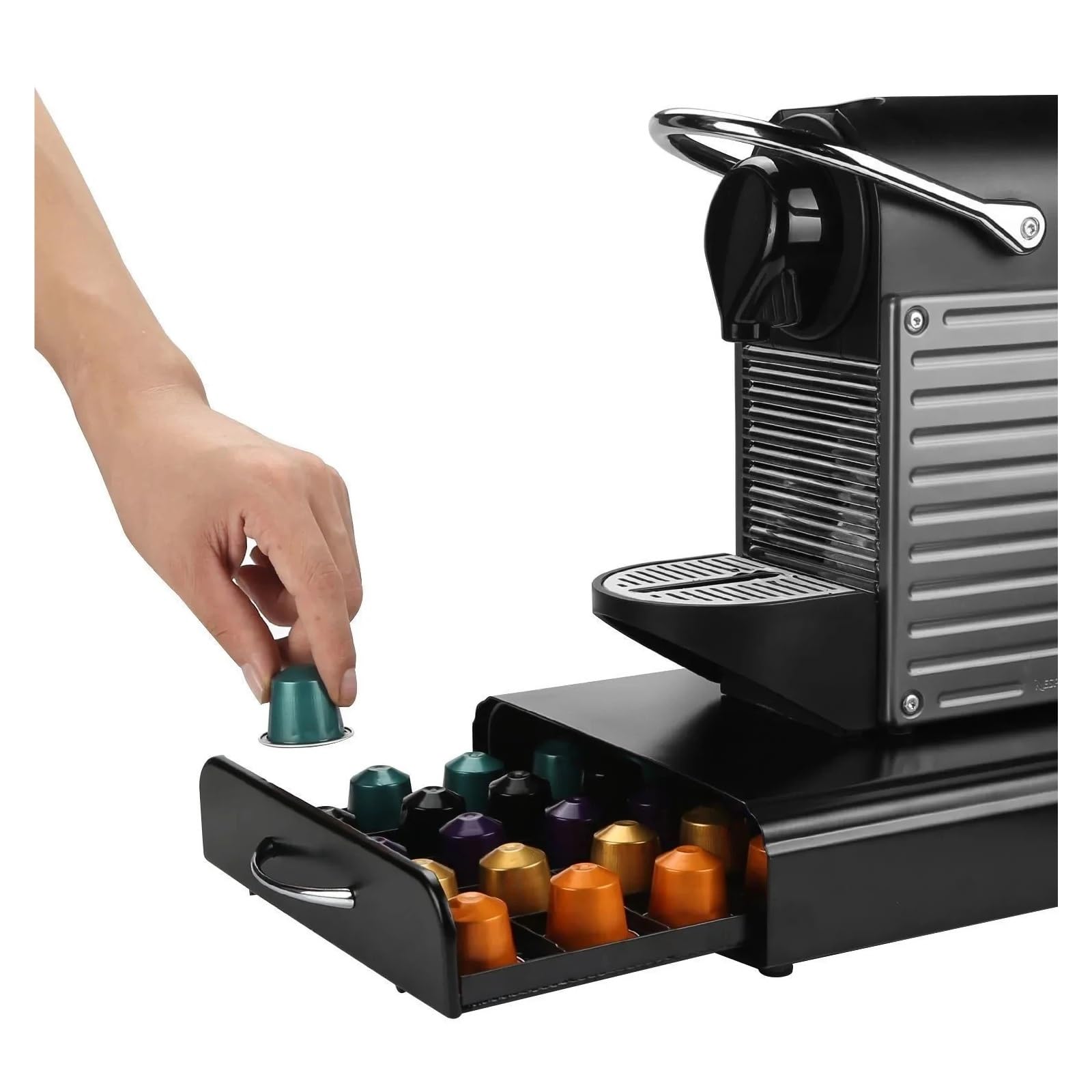 Uchwyt na kapsułki do kawy na 50 kapsułek, praktyczna szuflada do przechowywania kawy na 40 kapsułek, kompatybilna z Nespresso, stylowy czarny design