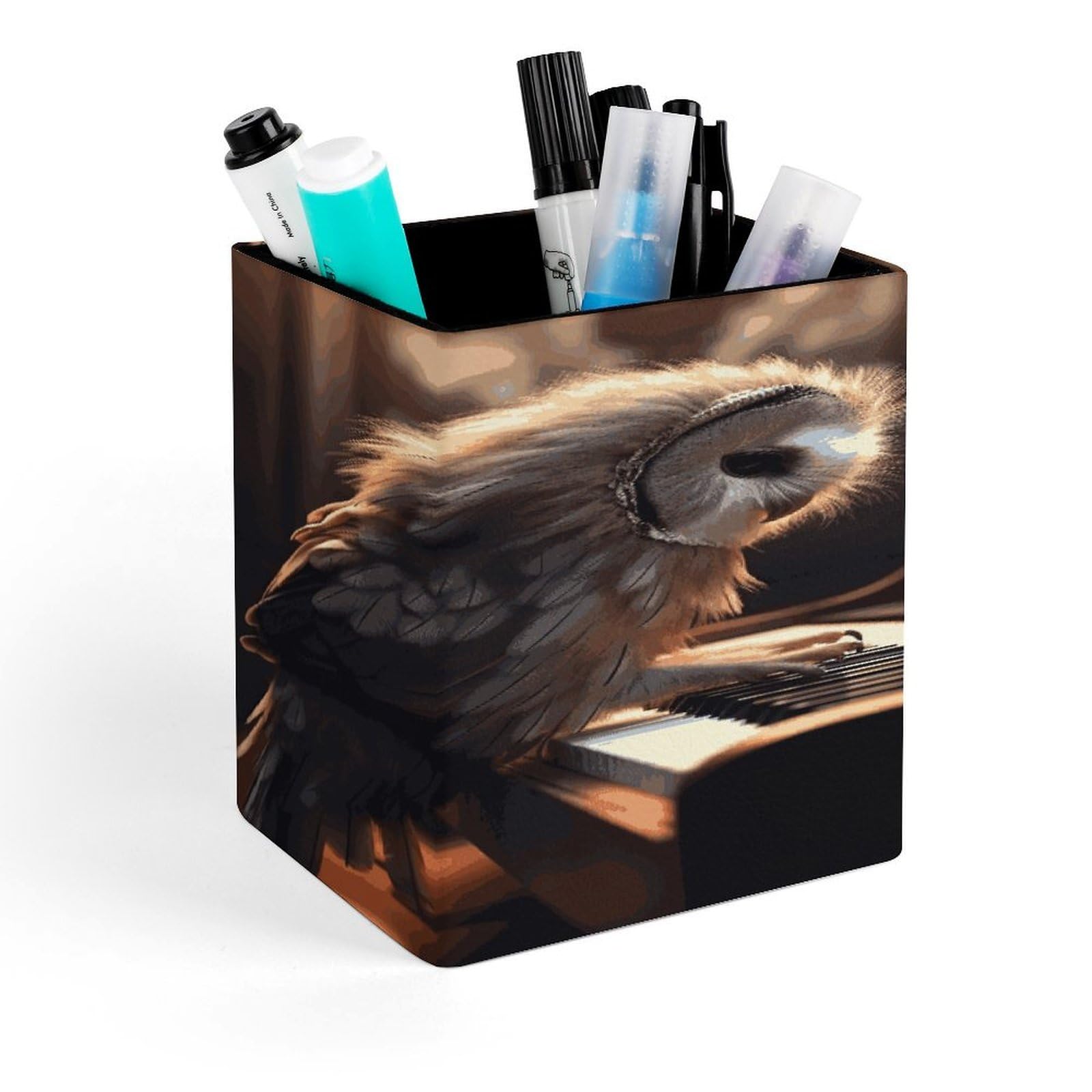JTREHY - Piano Pencil Holder Owl Square Makeup Brush Holder PU Leather Stationery Organizer Office Accessories Container Box