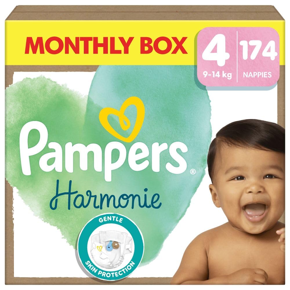 PampersHarmonie Nappies Size 4, 174 Nappies, 9kg-14kg, Monthly Pack, Gentle Skin Protection with 100 Percent Pampers ProtectionThe Forest Stewardship Council