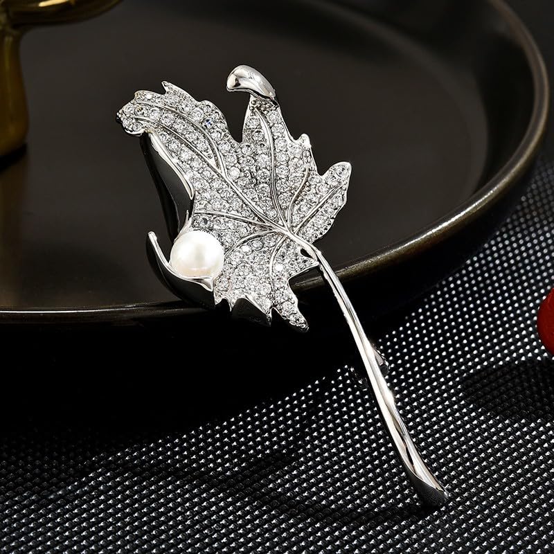 Image of Rhinestone Leaf Brooch Pins - Crystal & Gold-plated Lapel Pin Jewelry for Women - Birthday Gift for Wife or Friends