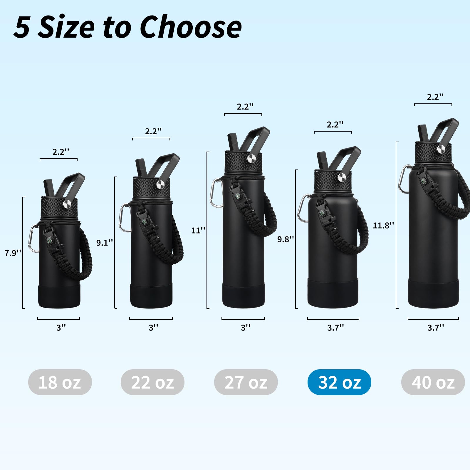 BJPKPK Botellas de agua aisladas de 32 onzas con 3 tapas, mango de paracaídas y funda antideslizante, botella de agua de metal de acero inoxidable, termo reutilizable sin BPA, vasos, color negro