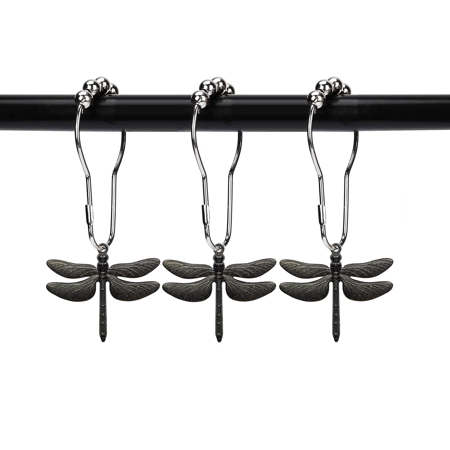ZILucky Set of 12 Dragonfly Shower Curtain Hooks Rings Garden Nature Lake Woodland Spring Insect Theme Stainless Steel Rustproof (Black)