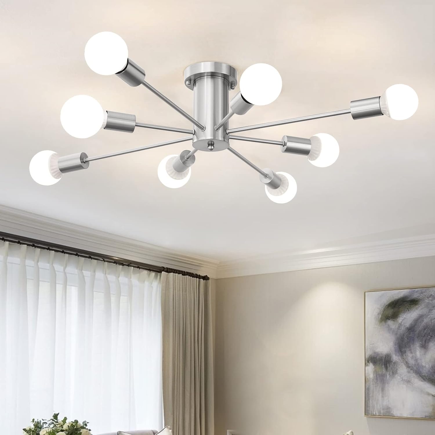 Nickel 8-Light Geometric Sputnik Semi Flush Mount Chandelier