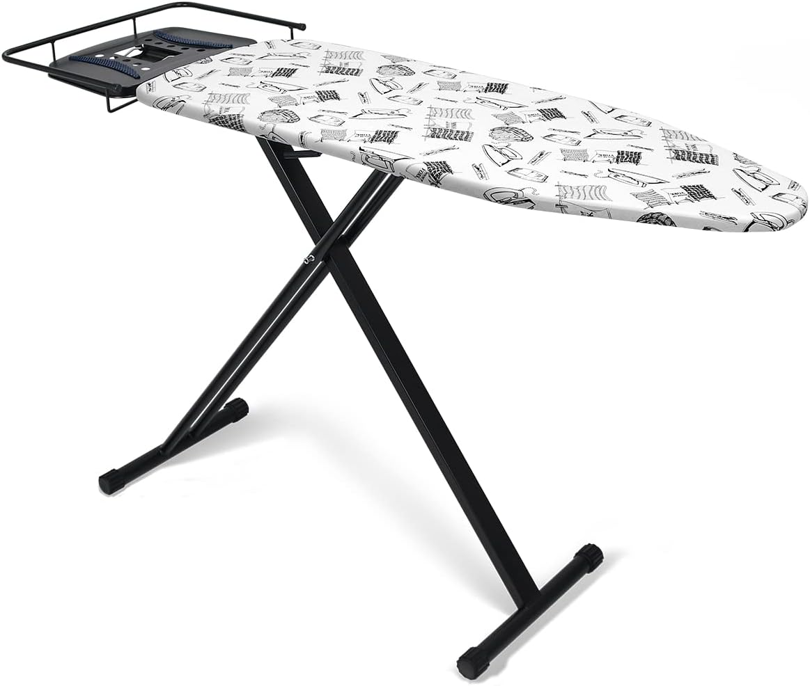 Duwee Deluxe Wide Ironing Board 17" x 48" with Steam Iron Holder, Heat-Resistant Metallic Cover, Thick Padding, 7-Level Adjustable Height, Strong Anti-Slip Legs, Foldable for Easy Storage –White