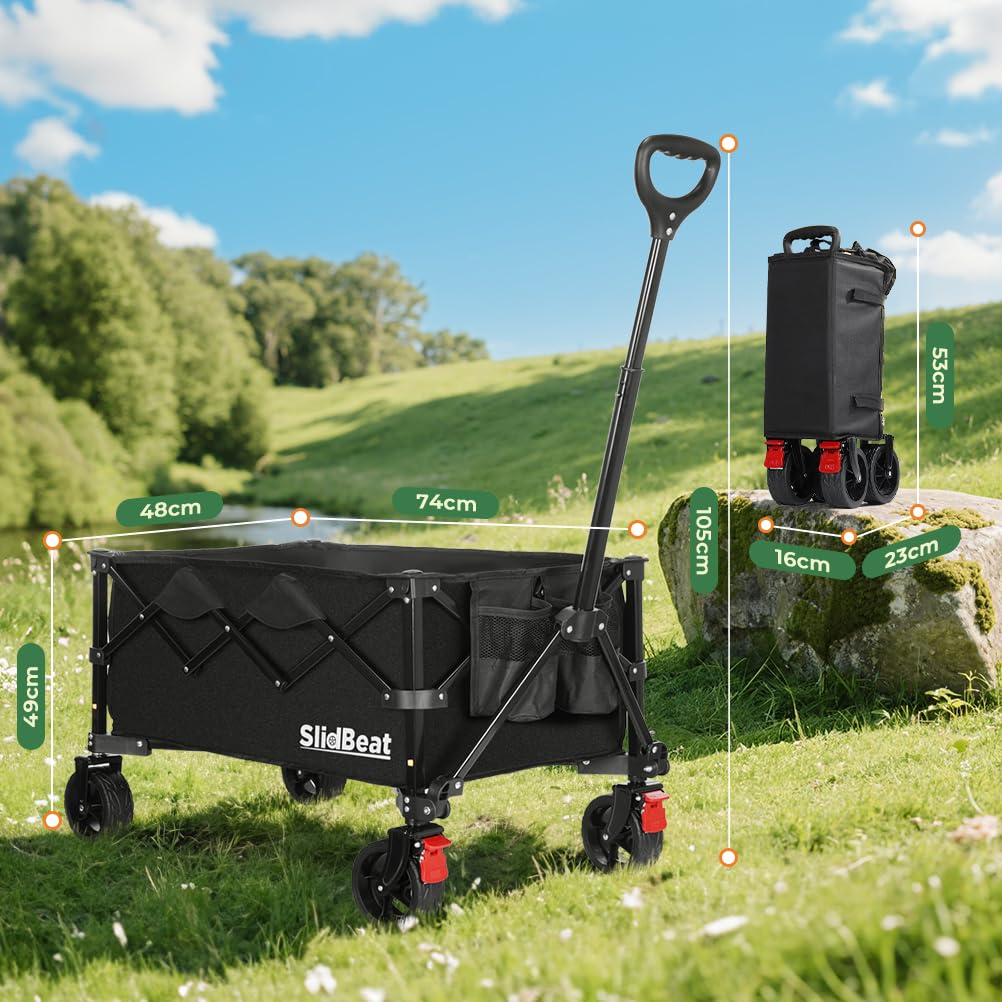 SLIDBEAT Chariot Tout-Terrain Pliable avec Double Frein - Chariot de Transport pour Jardin, Plage et Courses avec Poignée Réglable 0°-90°, Structure Démontable et Lavable en Machine, Capacité XL 150KG