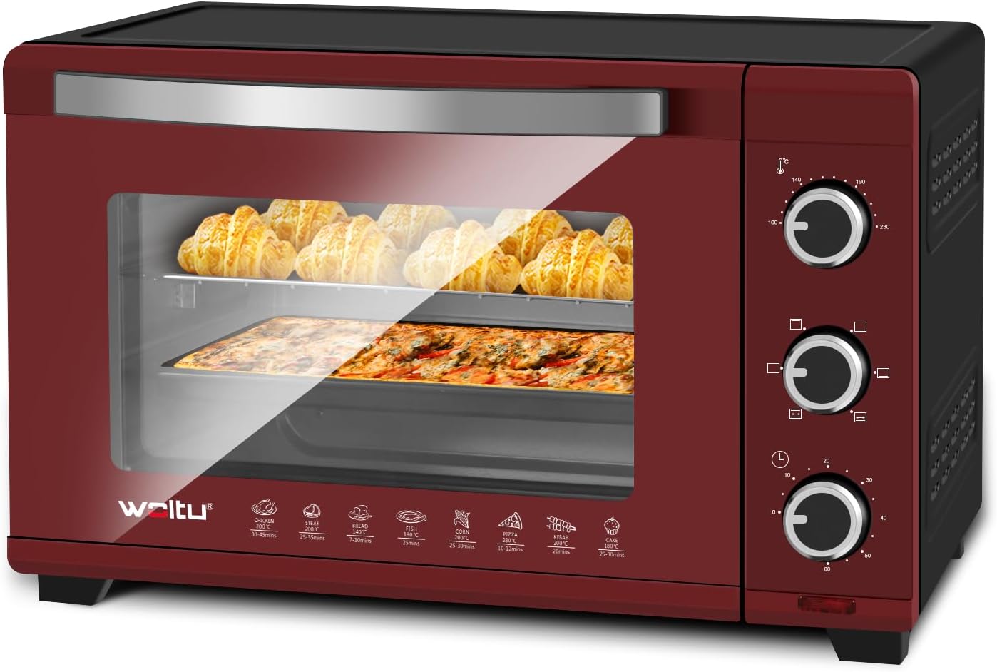WOLTU Forno per Pizza da 32L, Forno Elettrico con Manopole, Fornetto Elettrico Piccolo con Girarrosto, Timer 60 minuti, Temperatura Regolabile 100-230℃, 1600W, Nero+Rosso WOLTU Forno per Pizza da 32L, Forno Elettrico con Manopole, Fornetto Elettrico Piccolo con Girarrosto, Timer 60 minuti, Temperatura Regolabile 100-230℃, 1600W, Nero+Rosso
