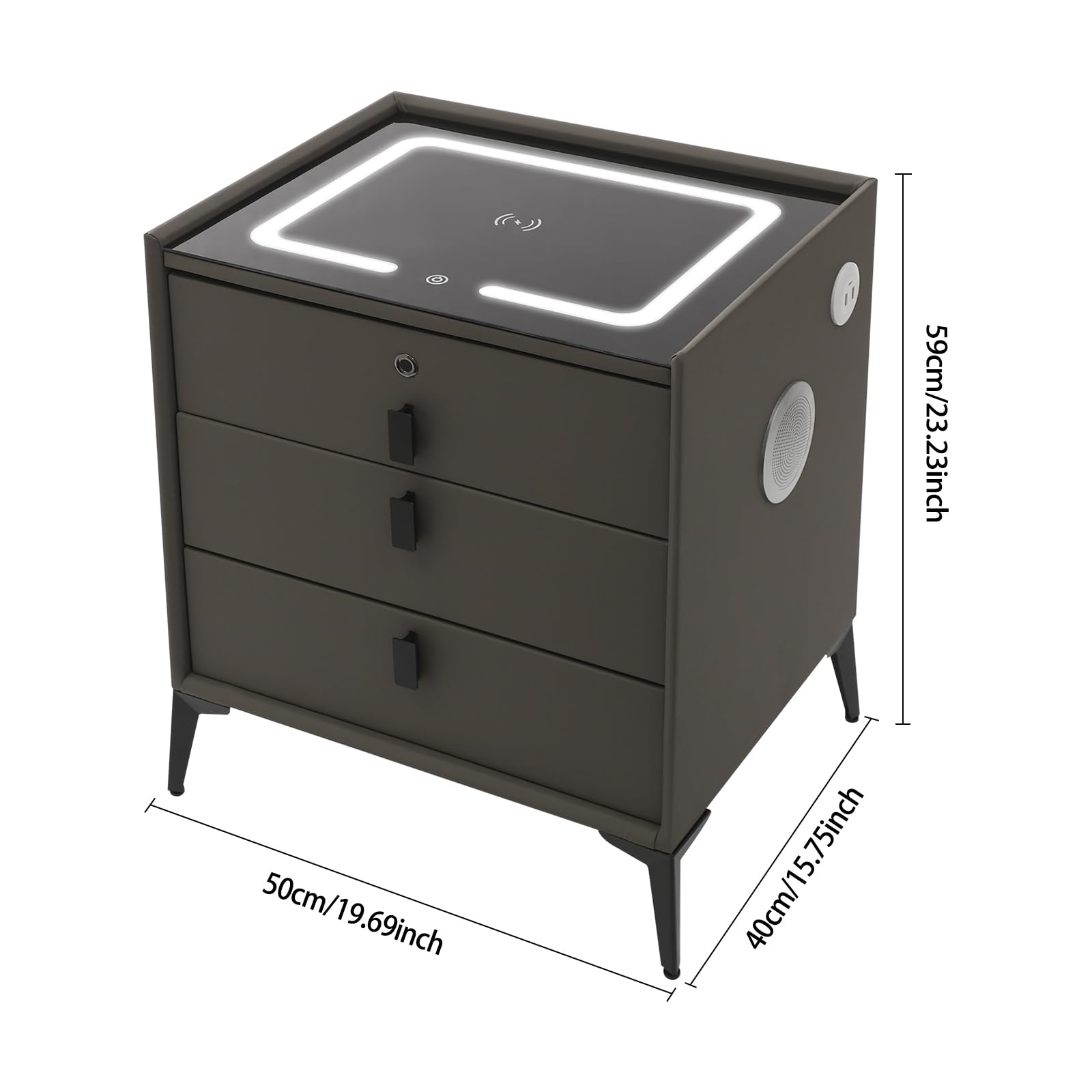 Comodino Intelligente Con LED, 3 Cassetti, Ricarica Wireless E USB, Impronta Digitale, Bluetooth, Luci Dimmerabili, Grigio Scuro