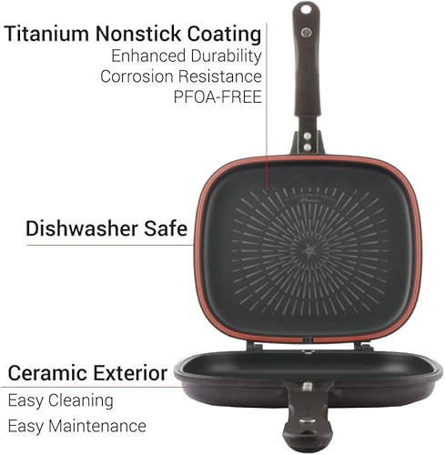 Miniatura 3 de Happycall Sartén doble antiadherente de titanio, sartén para tortillas, cuadrada, apta para lavavajillas, sin PFOA, marrón (parrilla gigante)