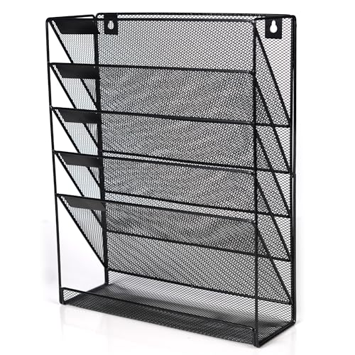 Wall Mounted Magazine Rack Hanging File Document Holder Organiser for Literature Display, A4 Paper, Newspaper, Books - Metal Mesh 6-Tier - Black