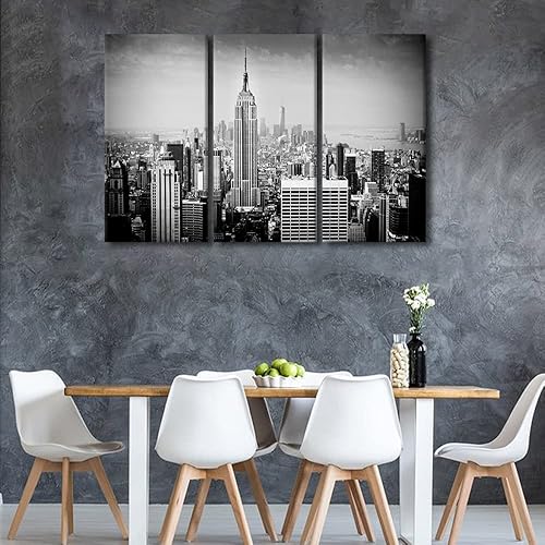 Miniatura 2 de TUMOVO Decoración de pared para sala de estar, color blanco y negro, pinturas de edificios sobre lienzo, 3 paneles, arte de pared para el hogar para