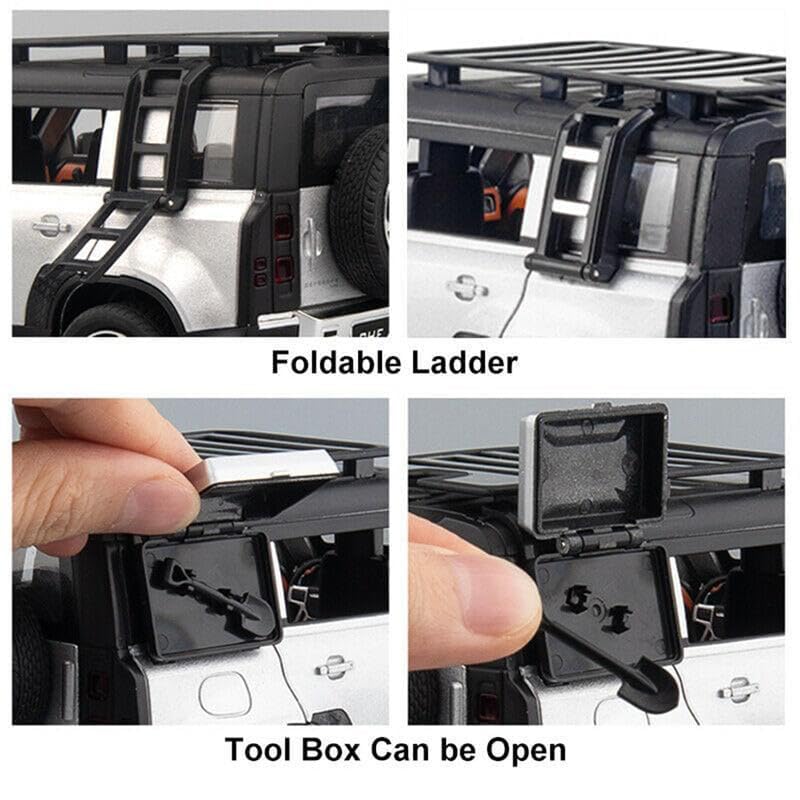 Image of 1:24 Land Rover Defender Alloy Diecast Model Car, Pull Back Vehicle with Openable Doors, Sound & Light Effects, Toy for Kids, for Car Enthusiasts and Collectors. (White)