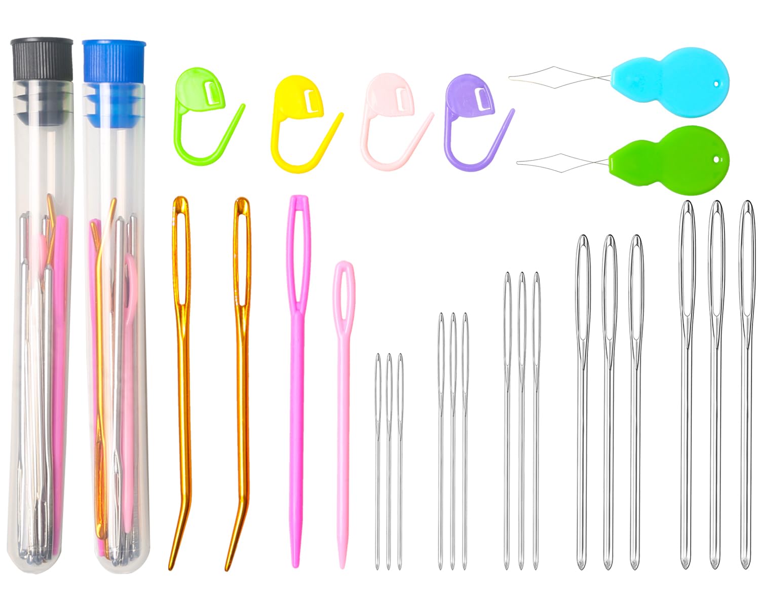 Hekisn 45Pcs Large Eye Blunt Yarn Needles kit, Assorted Sizes Bent Tapestry Darning Needle, Sewing Needles with Needle Threaders &amp; Stitch Markers for Knitting Crochet (Blue&amp;Black)