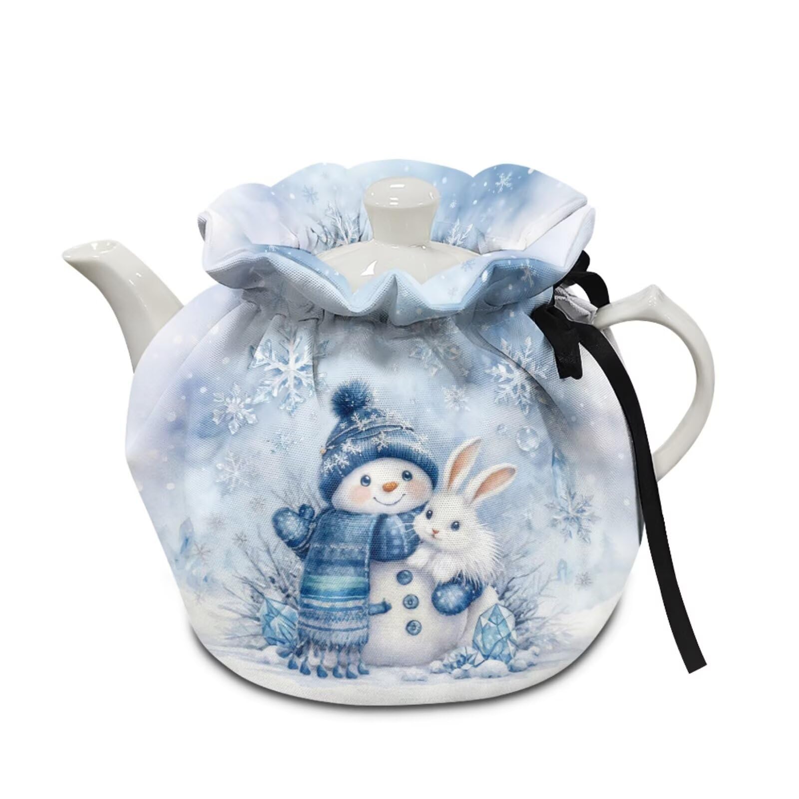 Snowman Rabbit Print Teapot Cozy Breakfast Warmer Soft Fabric Dustproof Tea Pot Cozies Easy to Clean and Portable Christmas Decoration for Home, Blue