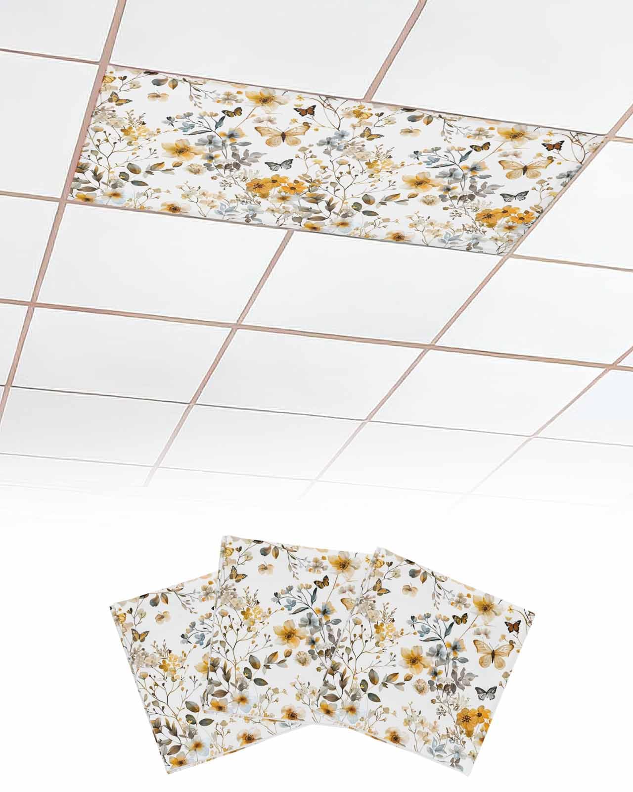 Floral 3 Pcs Fluorescent Light Covers for Ceiling Lights, Vintage Watercolor Butterfly Leaf Magnetic Light Filters for Eliminate Harsh Glare Classroom Office Decoration, 4 x 2 Ft