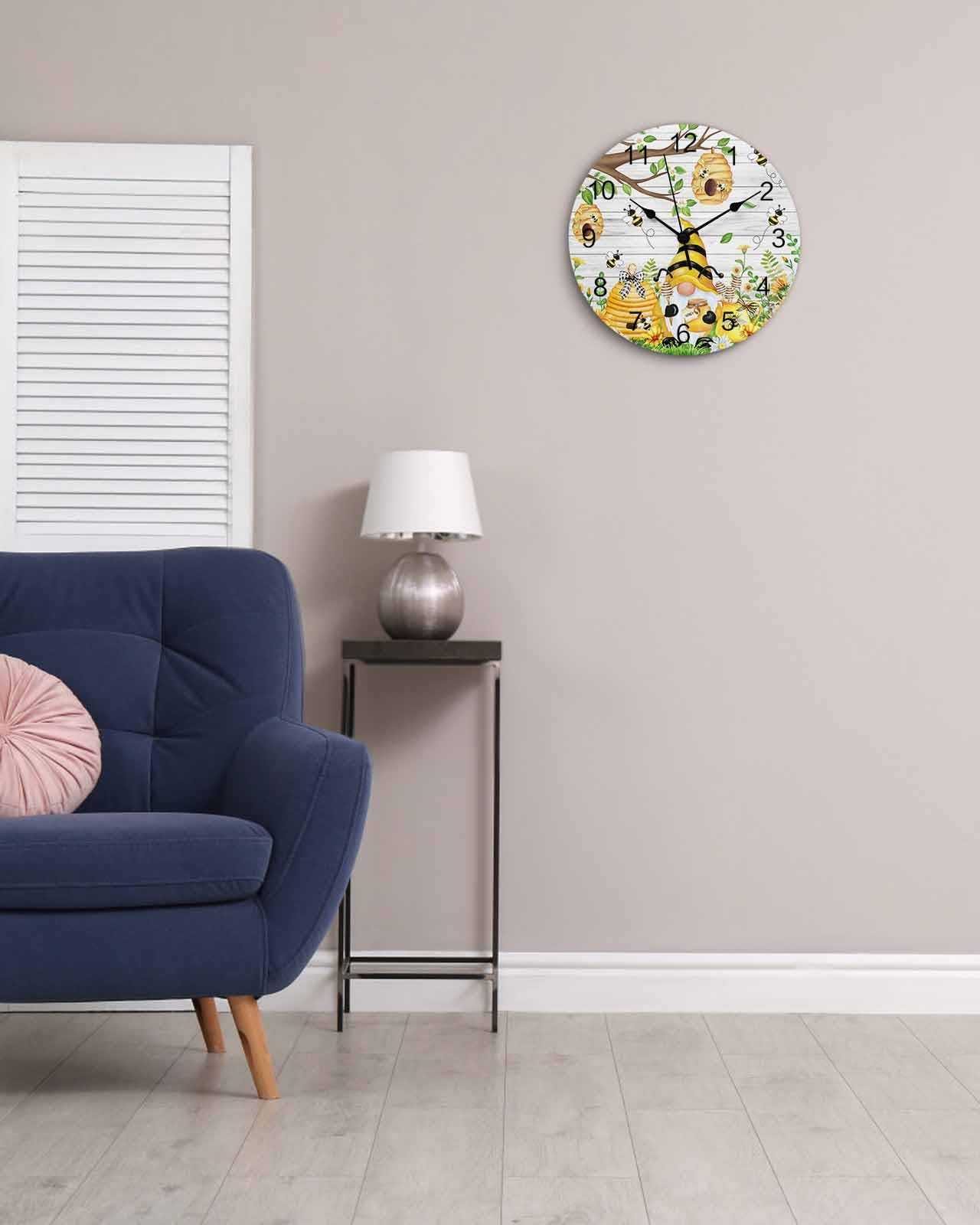 Horloge murale en PVC silencieuse, sans tic-tac, fonctionnant à piles, motif tournesol, marguerite, grain de bois, horloge ronde pour maison, salon, cuisine, chambre à coucher, bureau, école