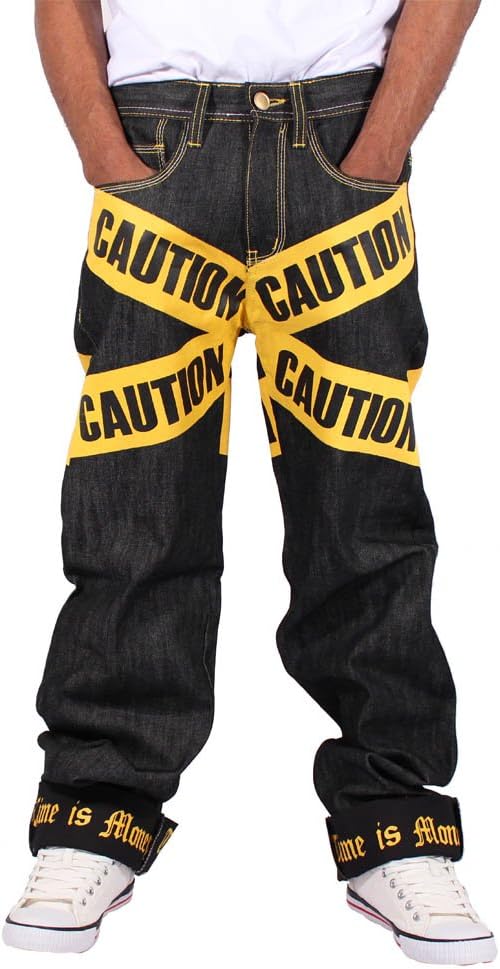 TIME IS MONEY Men's Caution Baggy Loose Fit Jeans
