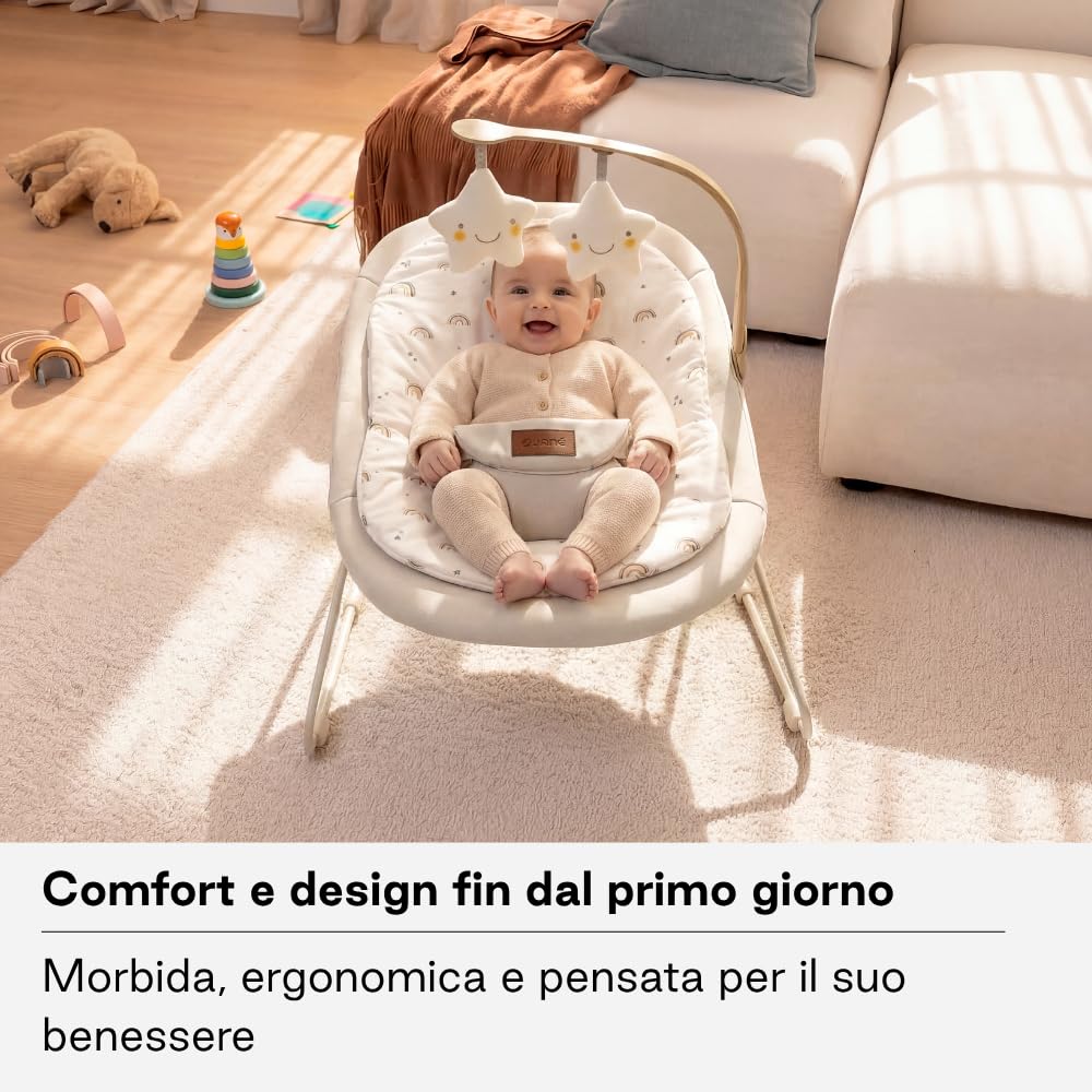 Jané Sdraietta per Neonati dalla Nascita, Sdraietta Ultraleggera con Dondolio Naturale, Barra Giochi e Riduttore, Rivestimento Sfoderabile e Lavabile, Beige