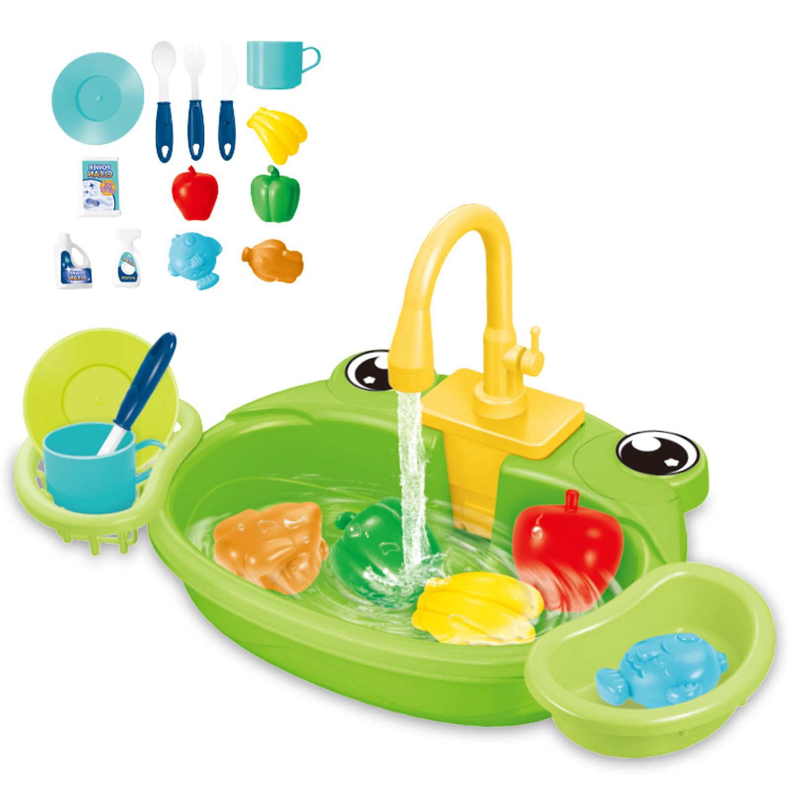 Pay Sink with Running Water, Kitchen Sink Toys with Upgraded Electric Faucet, Play Kitchen Toy Accessories, Pool Floating Food Toys for Water Play, Kids Role Play Dishwasher Toy (Green)