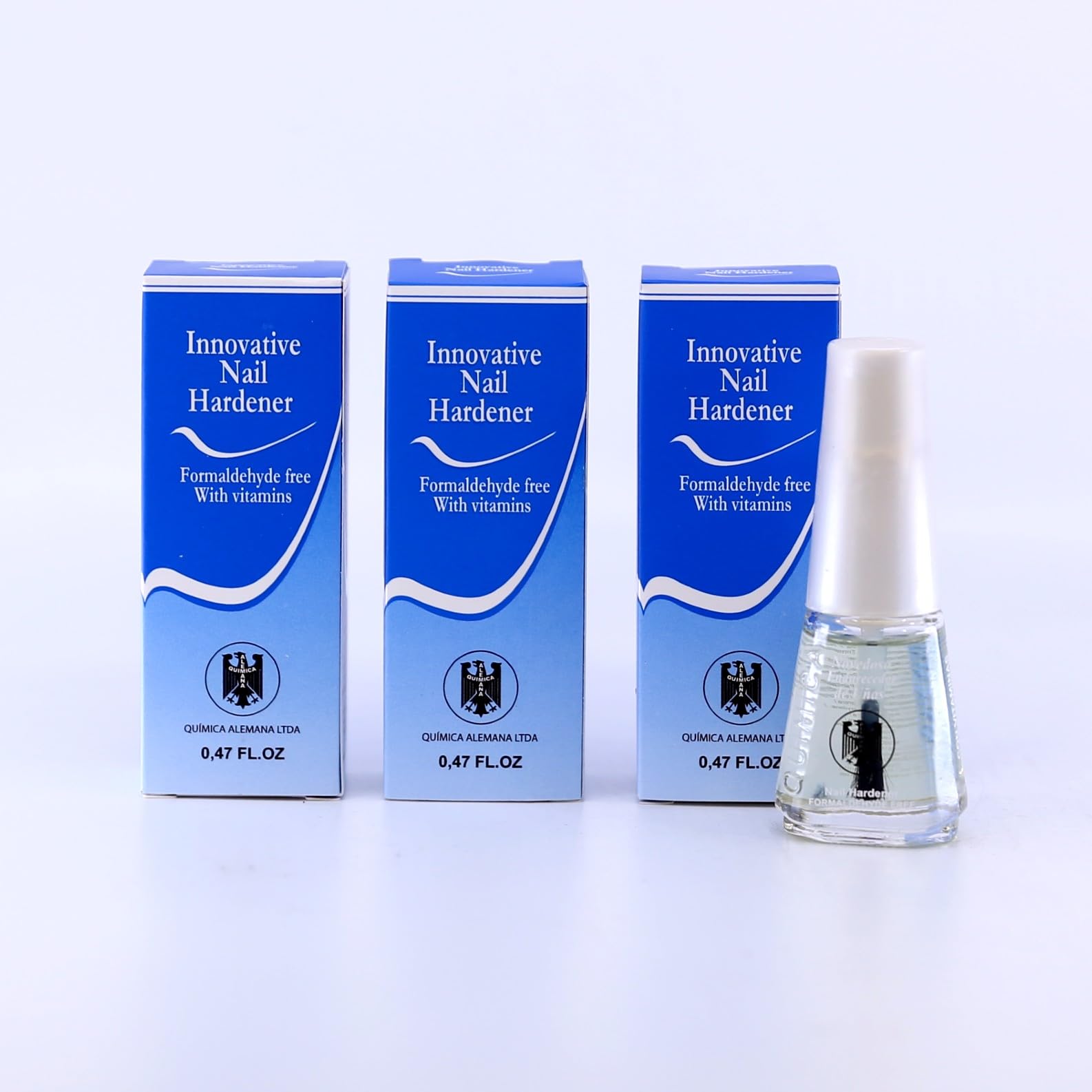 (Pack of 3) Qumimca Alemana Innovative Nail Hardener 0.47 fl oz | Fomaldehyde free with vitamins | protective barrier prevents chipping) |nail strengthener