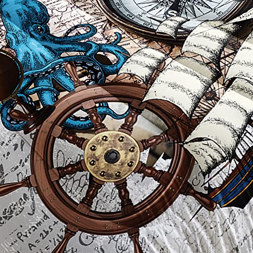 HOSIMA Off White Comforter Set,Sea Life and Ship Adventure Nautical Themed Bedding Whale and Octopus Twin Comforter with 2 Pillowcases,Nautical Bedding for Boys Room Decor. - Image 5