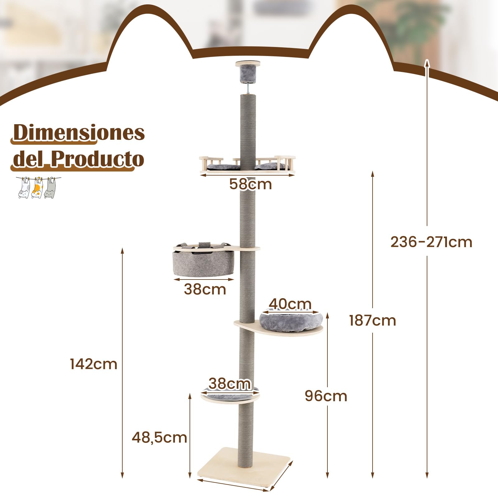 COSTWAY Árbol para Gatos del Suelo al Techo, Torre de Gatos de 5 Niveles Ajustable de 236-271 cm con 3 Plataformas y Hamaca, Base 48x48 cm, Postes Rascadores, Ideal para Gatitos, Gris