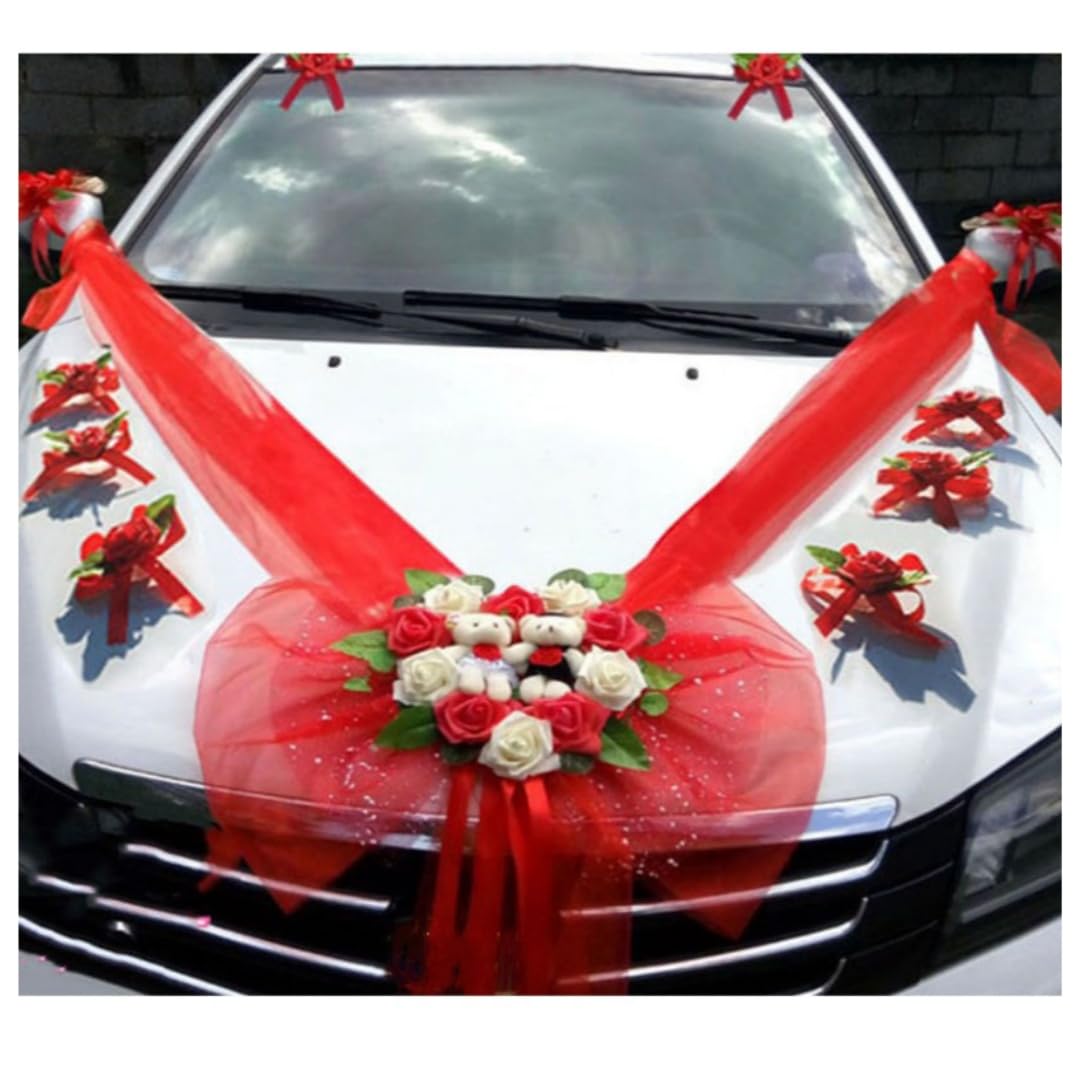 Autoschmuck Hochzeit Hochzeitsfeier Auto Deko Künstliche Seidenblume Autoschleifen mit Saugnapf Tüll Girlande Hochzeitsauto Motorhaube Deko mit Bär für Hochzeits Verlobungsfeier Party Rot