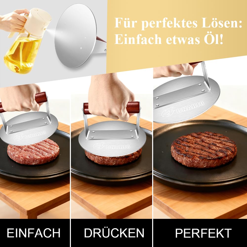 CNARIO Burgerpresse Edelstahl 16cm, Smash Burgerpresse mit Holzgriff | Burger Smasher, Hitzebeständig & Antihaft | Professionelle Patty Presse für Flat Top Grill, Grillplatte, BBQ | Leicht zu Reinigen