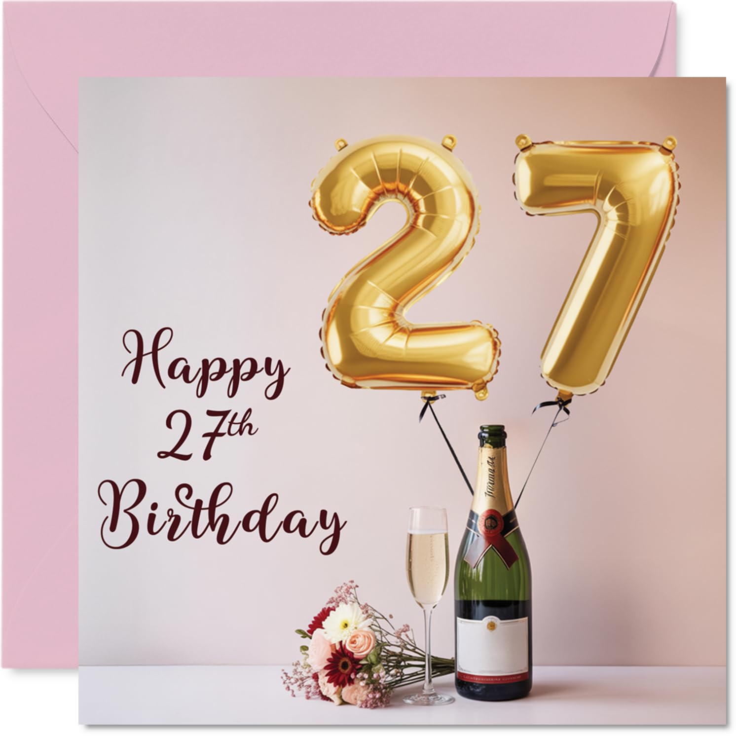 27th Birthday Cards for Women and Men, Balloons & A Bottle of Bubbly
