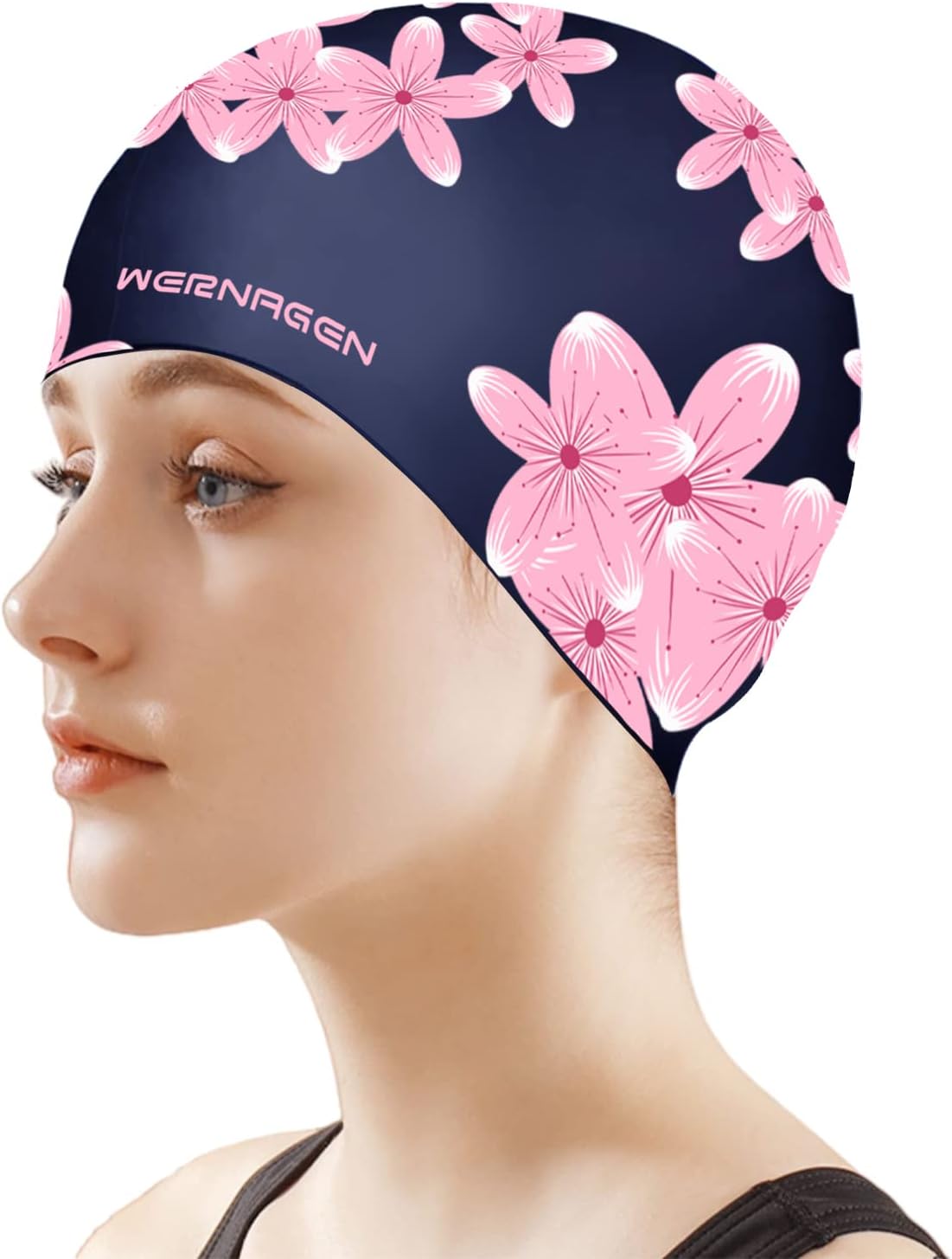 WERNAGEN Silicone Swim Cap for Women,Waterproof Long Hair Swimming Caps with Flower Printed for