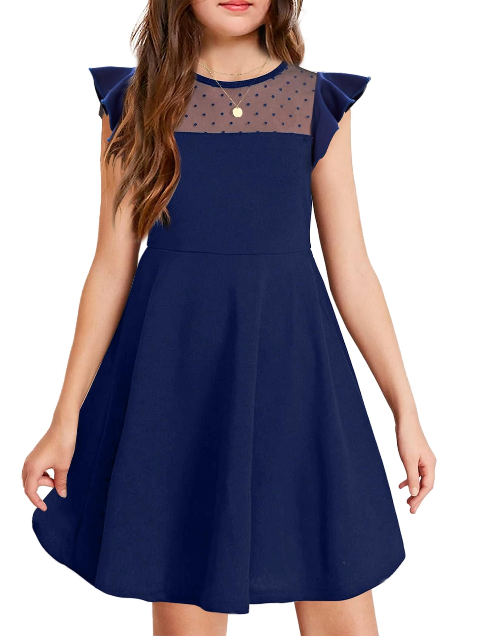 Arshiner Vestido para niñas de Verano con Mangas con Volantes de Malla en Forma de A, Vestidos de Fiesta Casuales con Bolsillos de 6 a 13 años