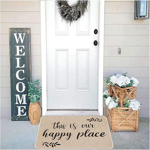 Miniatura 4 de Tapetes de bienvenida para puerta delantera, tapete de puerta con texto en inglés "This is Our Happy Place", tapete decorativo con cita para casa de
