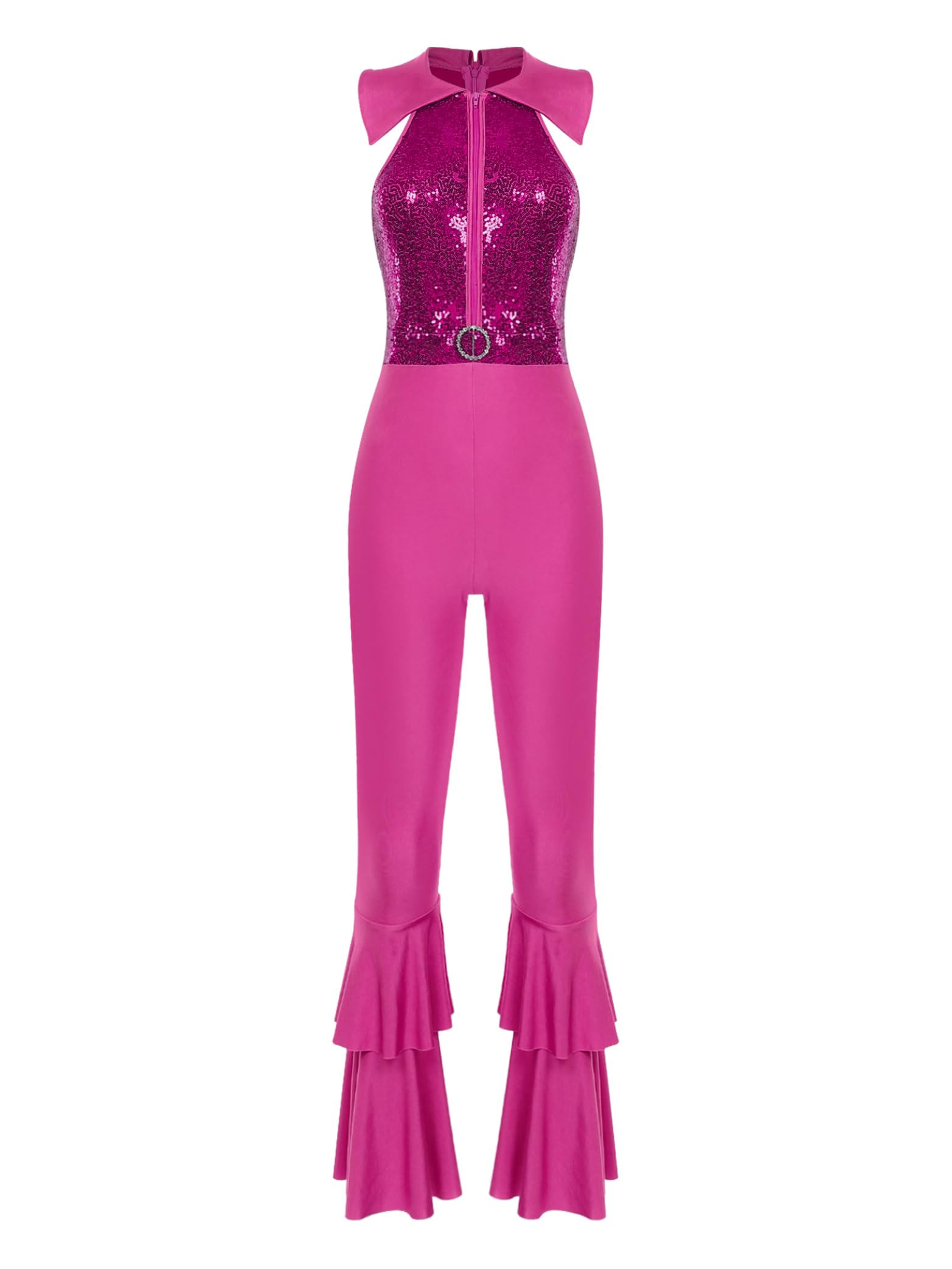 Yhong Justaucorps de Danse Disco pour Femmes, Combinaison sans Manches à Paillettes, Fermeture Éclair, Bas Cloche, Salopette, Ensembles de Pantalons Rose vif S