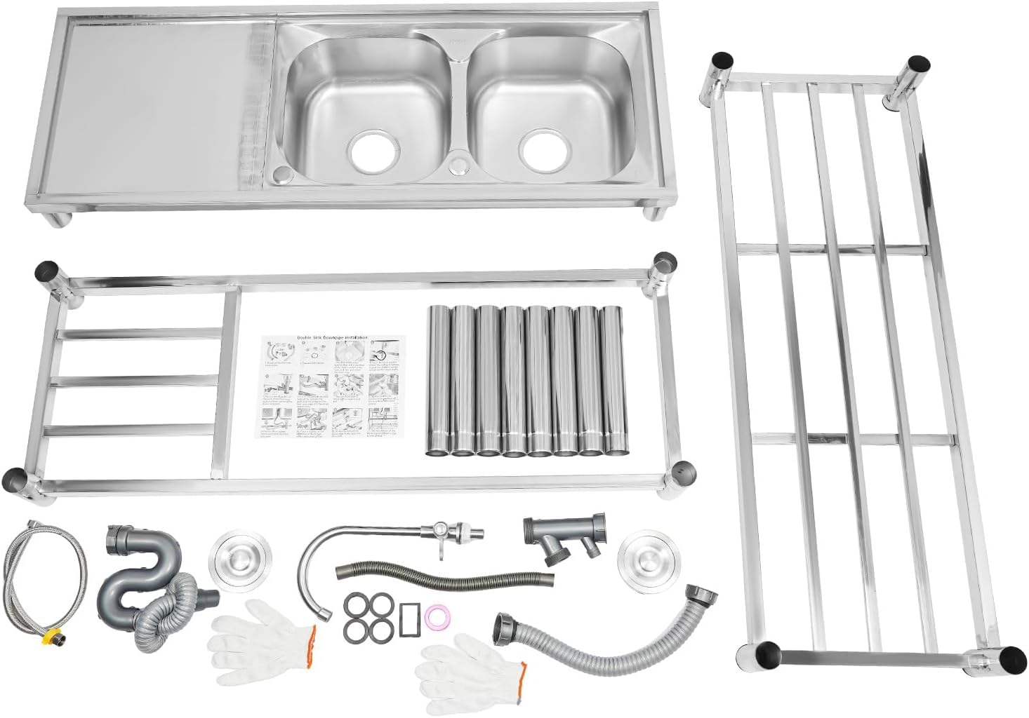 Freistehende Edelstahl-Doppelbecken-Spüle mit Arbeitsplatte, 360° Drehbarem Wasserhahn, 3-Stufen-Design, Edelstahl Spültisch mit 360° Armatur (120x45x80cm, Silber)