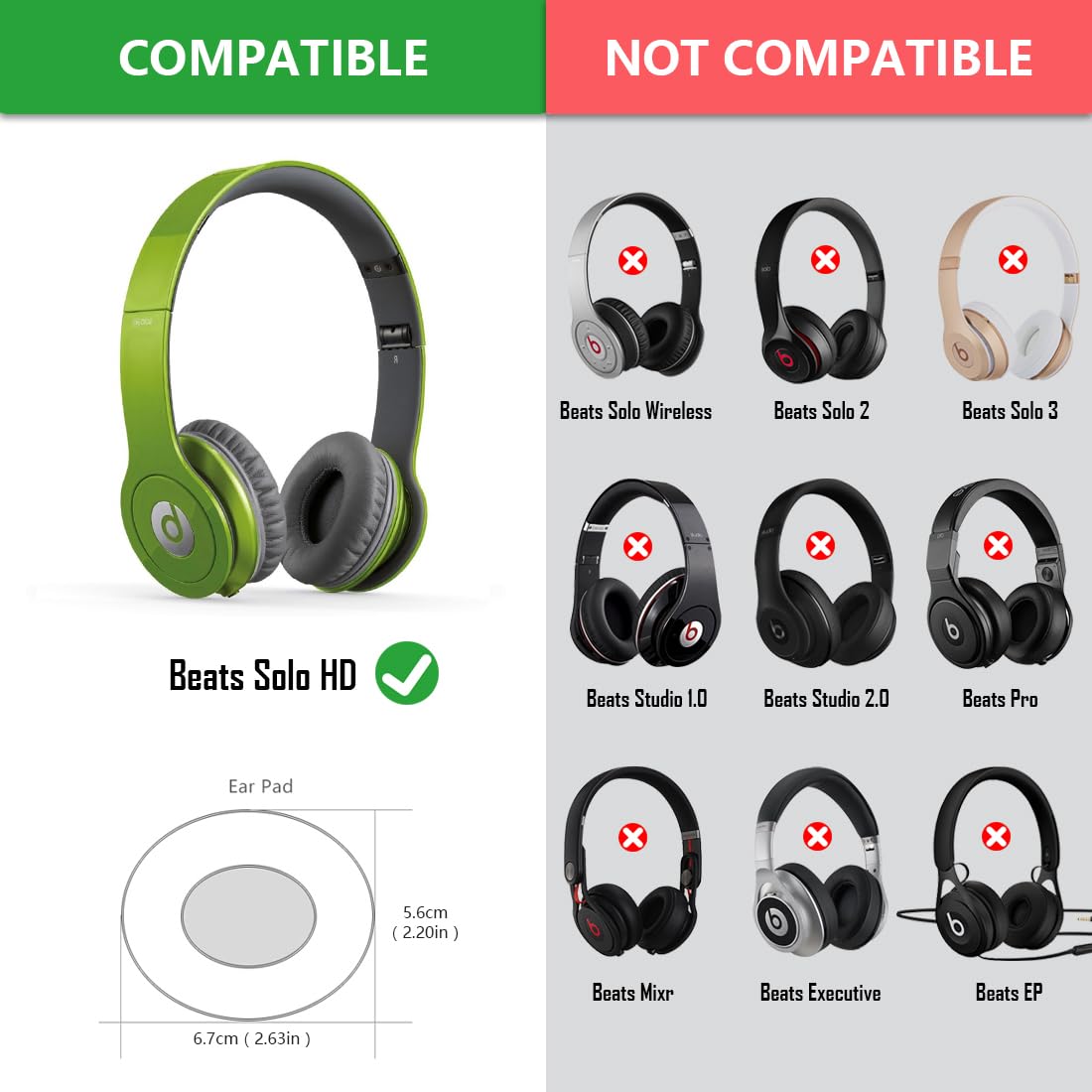 Geekria QuickFit Soft Replacement Ear Pads for Beats SoloHD On-Ear Headphones (Not Compatible with Other Headphone Models), Repair Parts (Grey)