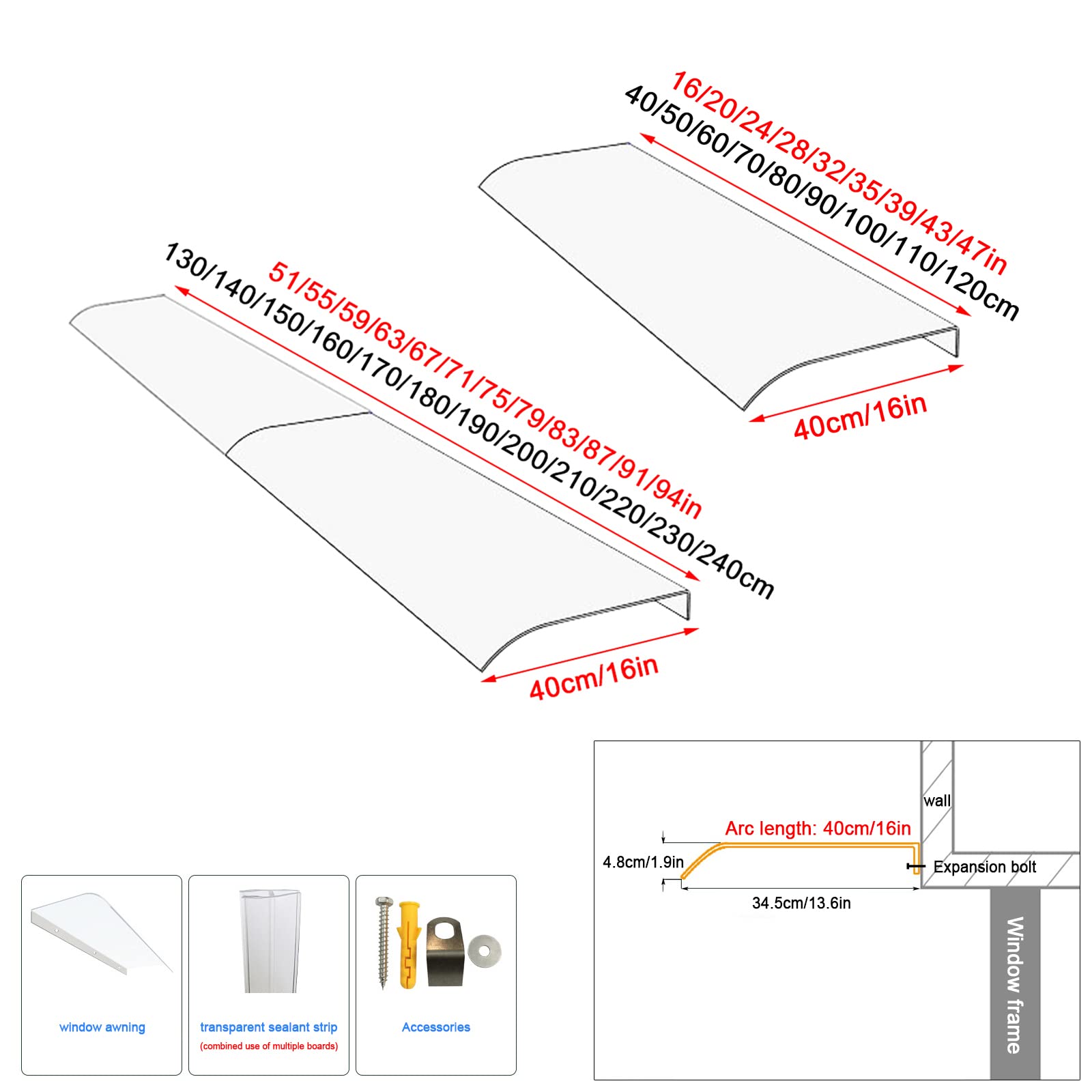 Toldo invisible para puerta delantera, toldo exterior, ventana de puerta, jardín, patio, porche, toldo, cubierta de policarbonato silenciosa/autolimpiante, techo, refugio contra la lluvia, para balcón